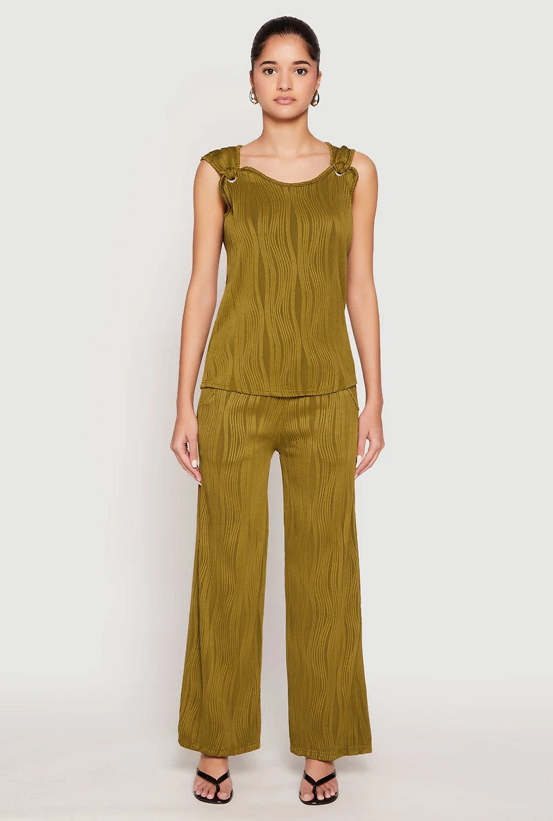 Womens Textured Knit Pull On Wide Leg Pants, Green, Size M