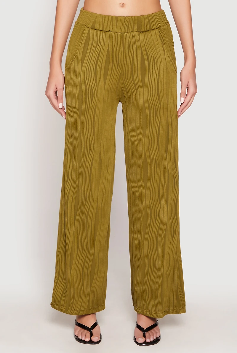 Womens Textured Knit Pull On Wide Leg Pants, Green, Size S