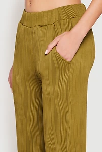 Womens Textured Knit Pull On Wide Leg Pants, Green, Size M