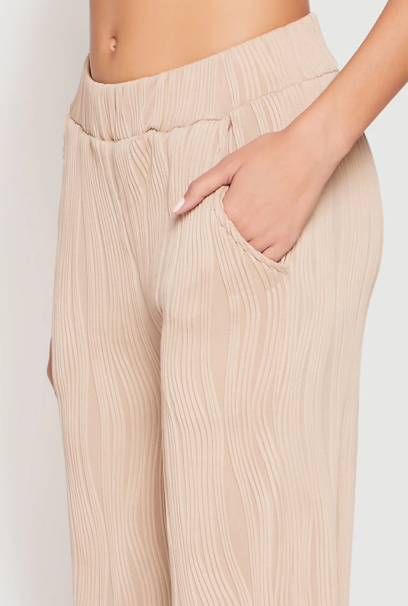 Womens Textured Knit Pull On Wide Leg Pants, Khaki, Size M
