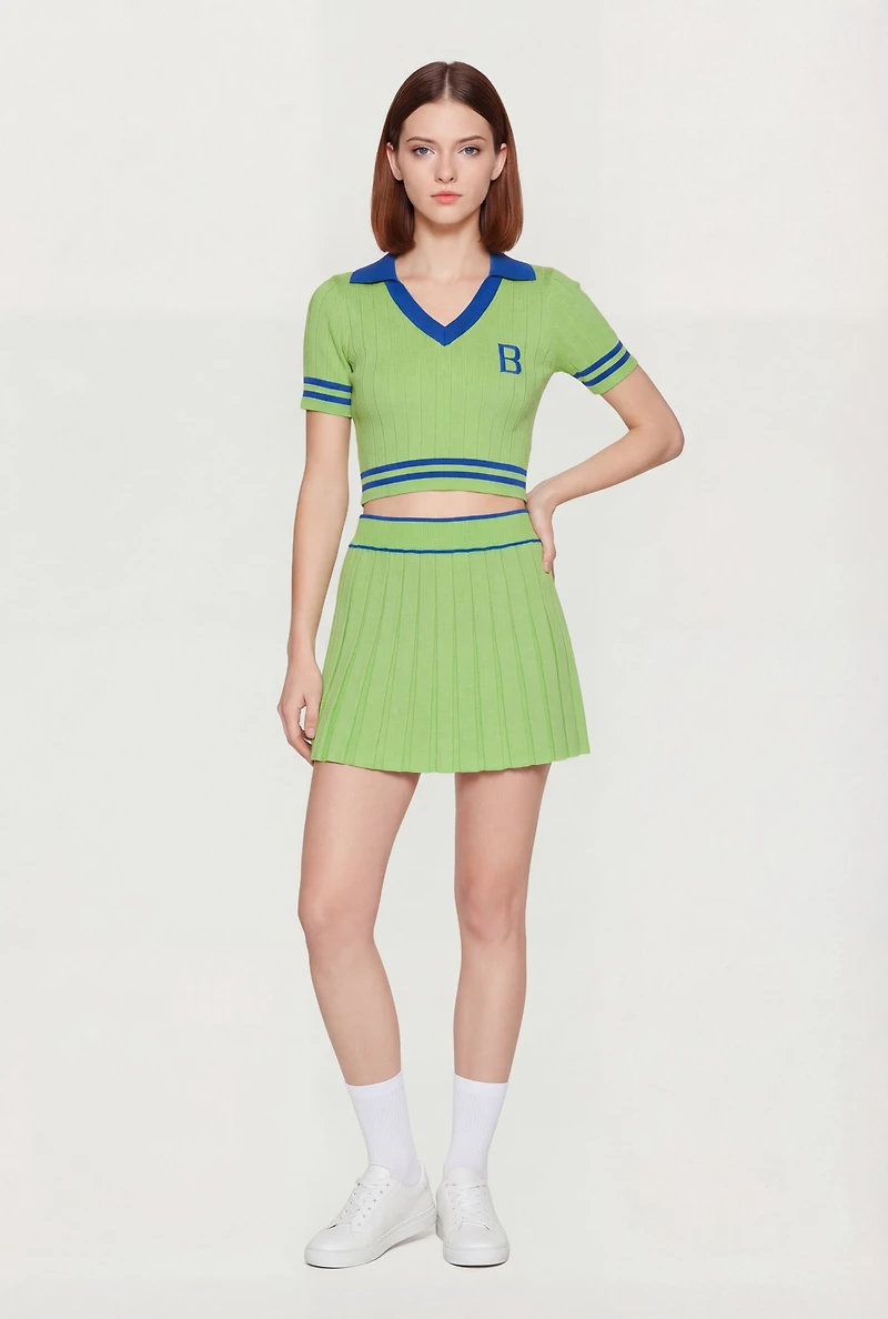 High Waisted Contrast Trim Pleated Skirt