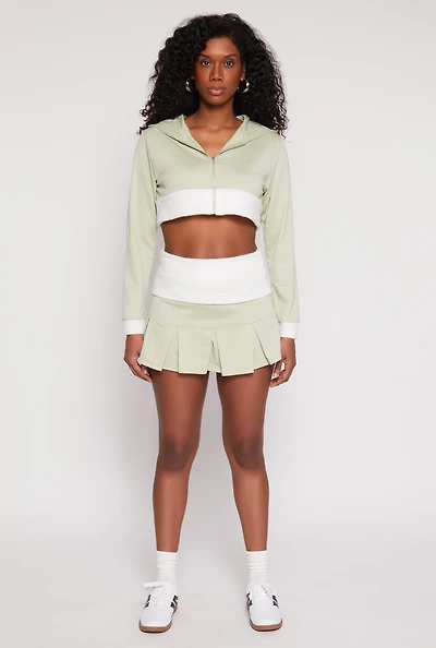 Womens Two Toned Waistband Pleated Micro Skirt, Green,