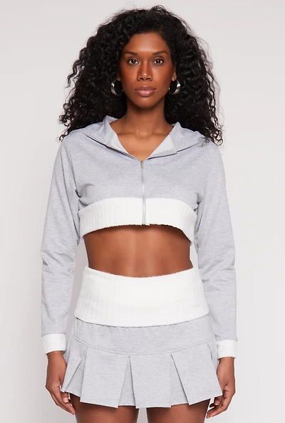 Womens Two Toned Trim Cropped Hooded Sweatshirt, Grey, Size M