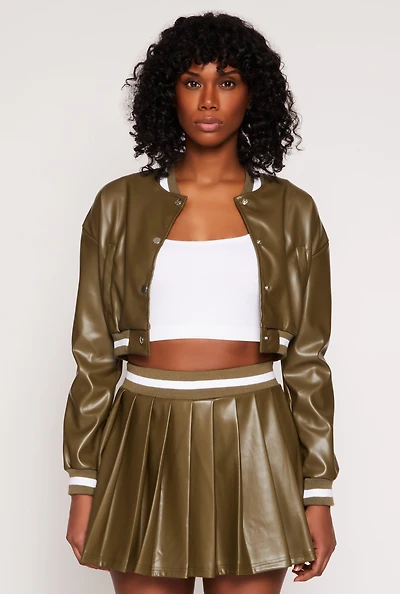 Womens Faux Leather Cropped Bomber Jacket, Green, Size S