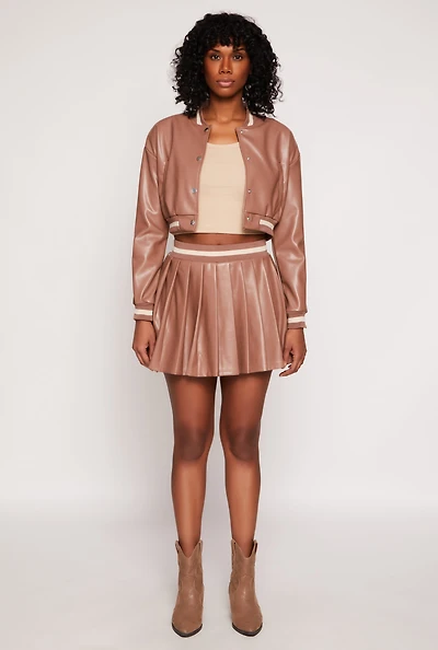 Womens Faux Leather Varsity Stripe Pleated Skort, Brown, Size L