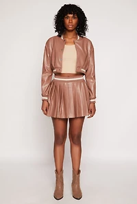 Womens Faux Leather Varsity Stripe Pleated Skort, Brown, Size L