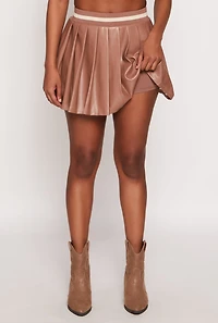 Womens Faux Leather Varsity Stripe Pleated Skort, Brown, Size L