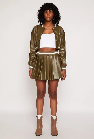 Womens Faux Leather Varsity Stripe Pleated Skort, Green, Size L