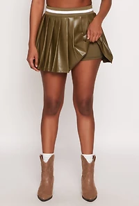 Womens Faux Leather Varsity Stripe Pleated Skort, Green, Size L