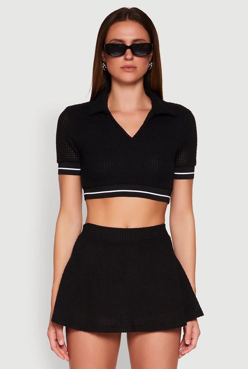 Womens Textured Knit Johnny Collar Crop Top,