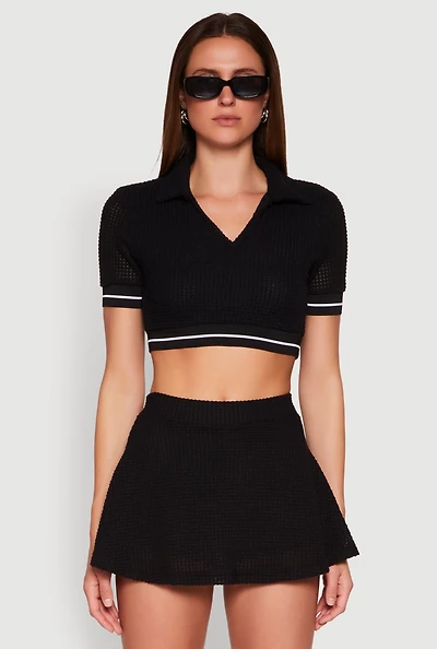 Womens Textured Knit Johnny Collar Crop Top,