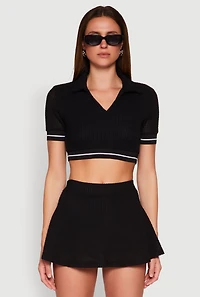 Womens Textured Knit Johnny Collar Crop Top,