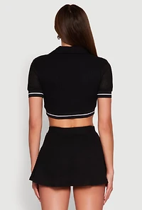 Womens Textured Knit Johnny Collar Crop Top, Black, Size M