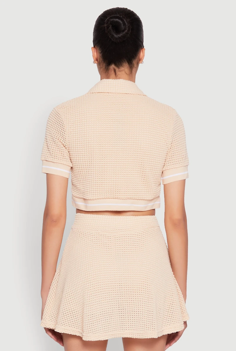 Womens Textured Knit Johnny Collar Crop Top,