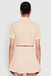 Womens Textured Knit Johnny Collar Crop Top,