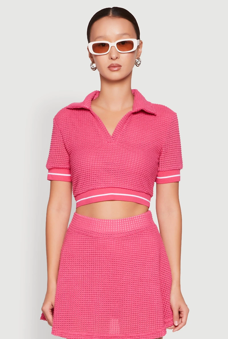 Textured Knit Johnny Collar Crop Top