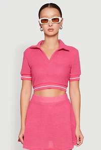Textured Knit Johnny Collar Crop Top