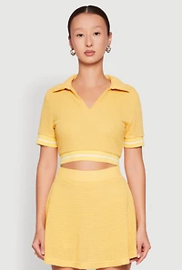 Womens Textured Knit Johnny Collar Crop Top, Yellow, Size L