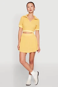 Womens Textured Knit Johnny Collar Crop Top, Yellow, Size L