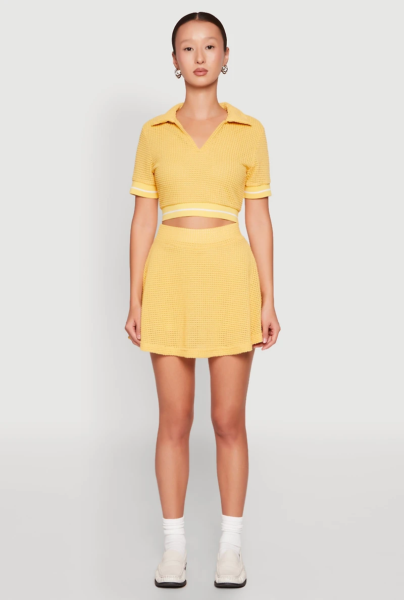 Womens Textured Knit Johnny Collar Crop Top, Yellow, Size L