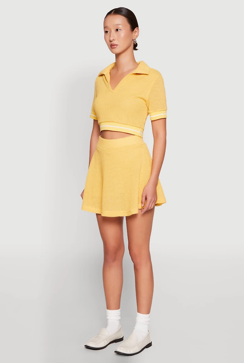 Womens Textured Knit Johnny Collar Crop Top, Yellow, Size L
