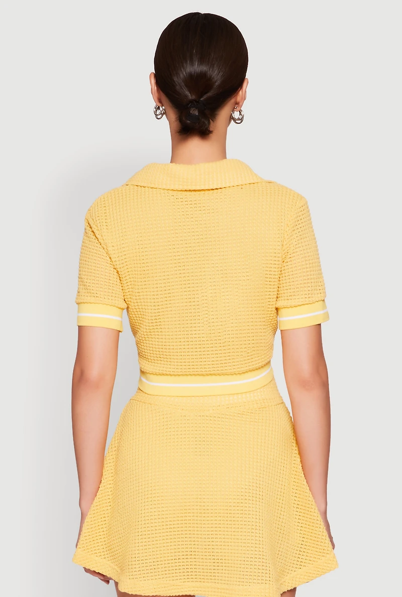 Womens Textured Knit Johnny Collar Crop Top, Yellow, Size L