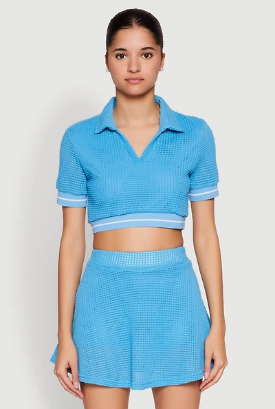 Womens Textured Knit Johnny Collar Crop Top,