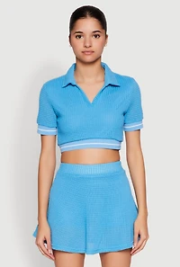 Womens Textured Knit Johnny Collar Crop Top,