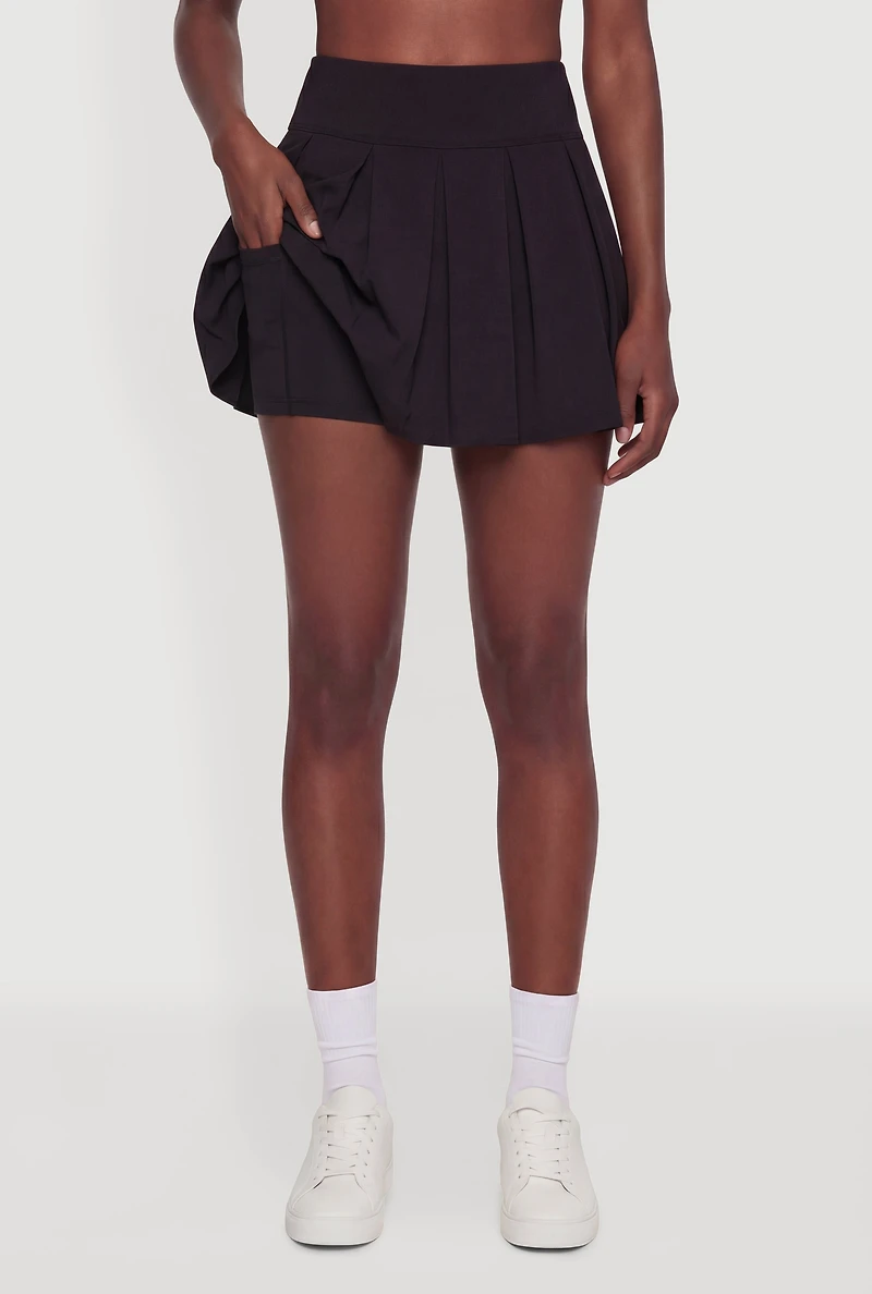 Pleated High Waisted Skirt with Cell Phone Pocket Shorts Lining