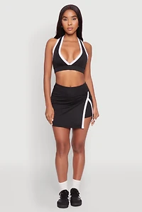 Womens Contrast Trim V Neck Racerback Crop Top, Black, Size L