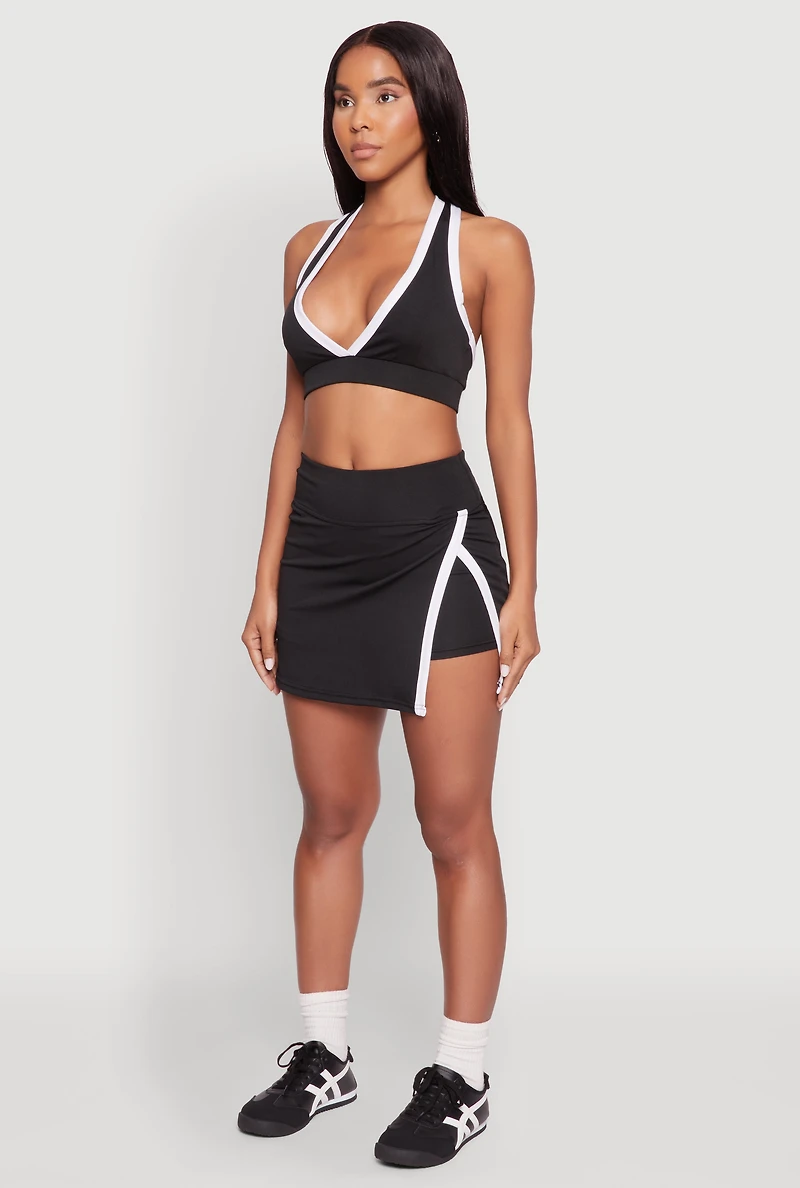 Womens Contrast Trim V Neck Racerback Crop Top, Black, Size L