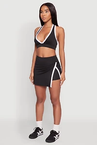 Womens Contrast Trim V Neck Racerback Crop Top, Black, Size L