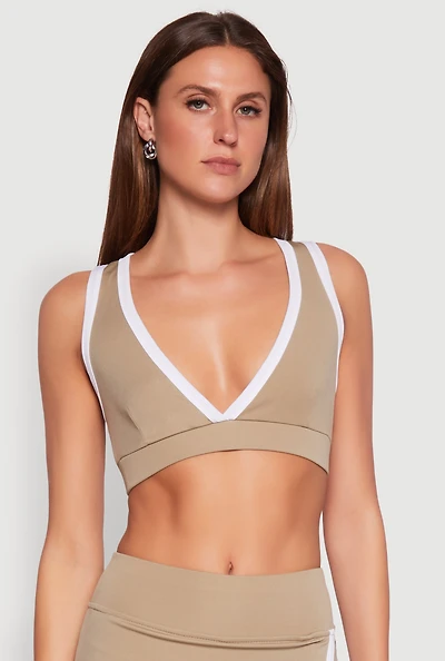 Womens Contrast Trim V Neck Racerback Crop Top,