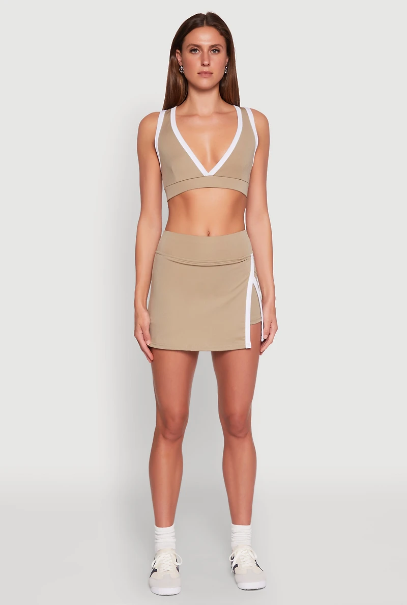 Womens Contrast Trim V Neck Racerback Crop Top, L