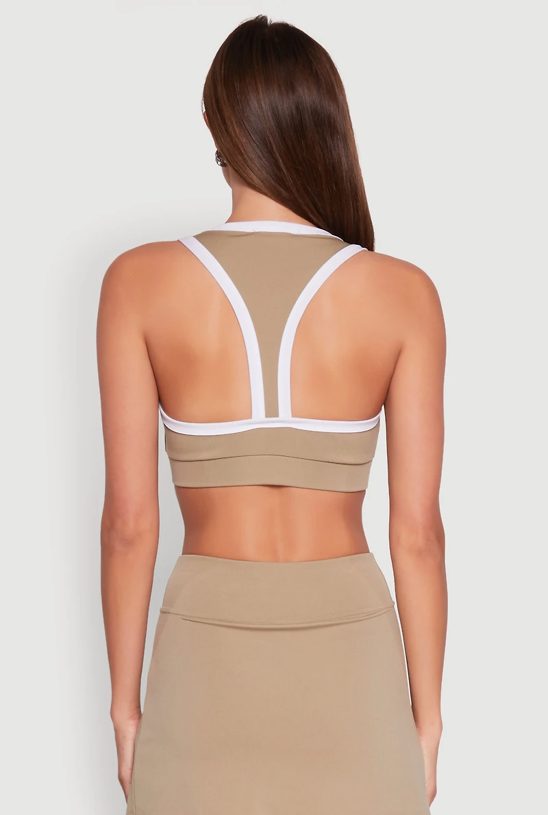 Womens Contrast Trim V Neck Racerback Crop Top, L