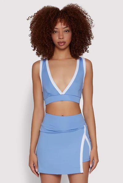Womens Contrast Trim V Neck Racerback Crop Top, Blue,