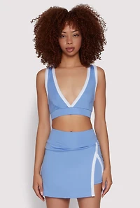 Womens Contrast Trim V Neck Racerback Crop Top, Blue,