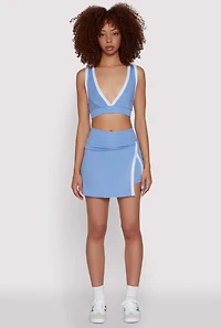 Womens Contrast Trim V Neck Racerback Crop Top, Blue,