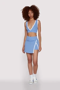 Womens Contrast Trim V Neck Racerback Crop Top, Blue,