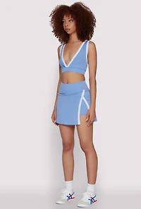 Womens Contrast Trim V Neck Racerback Crop Top, Blue,