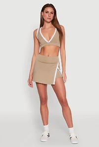 Womens Contrast Trim Side Slit Skort, Khaki, Size L