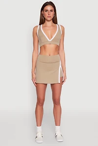 Womens Contrast Trim Side Slit Skort, Khaki, Size L