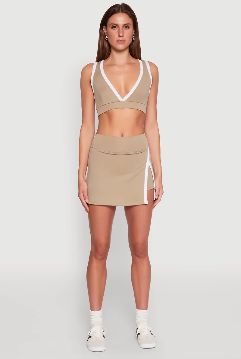 Womens Contrast Trim Side Slit Skort, Khaki, Size S