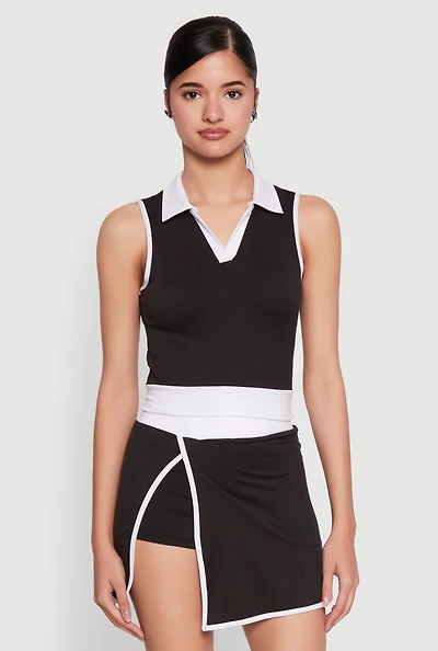 Womens Contrast Trim Sleeveless Polo Shirt, Black, Size S
