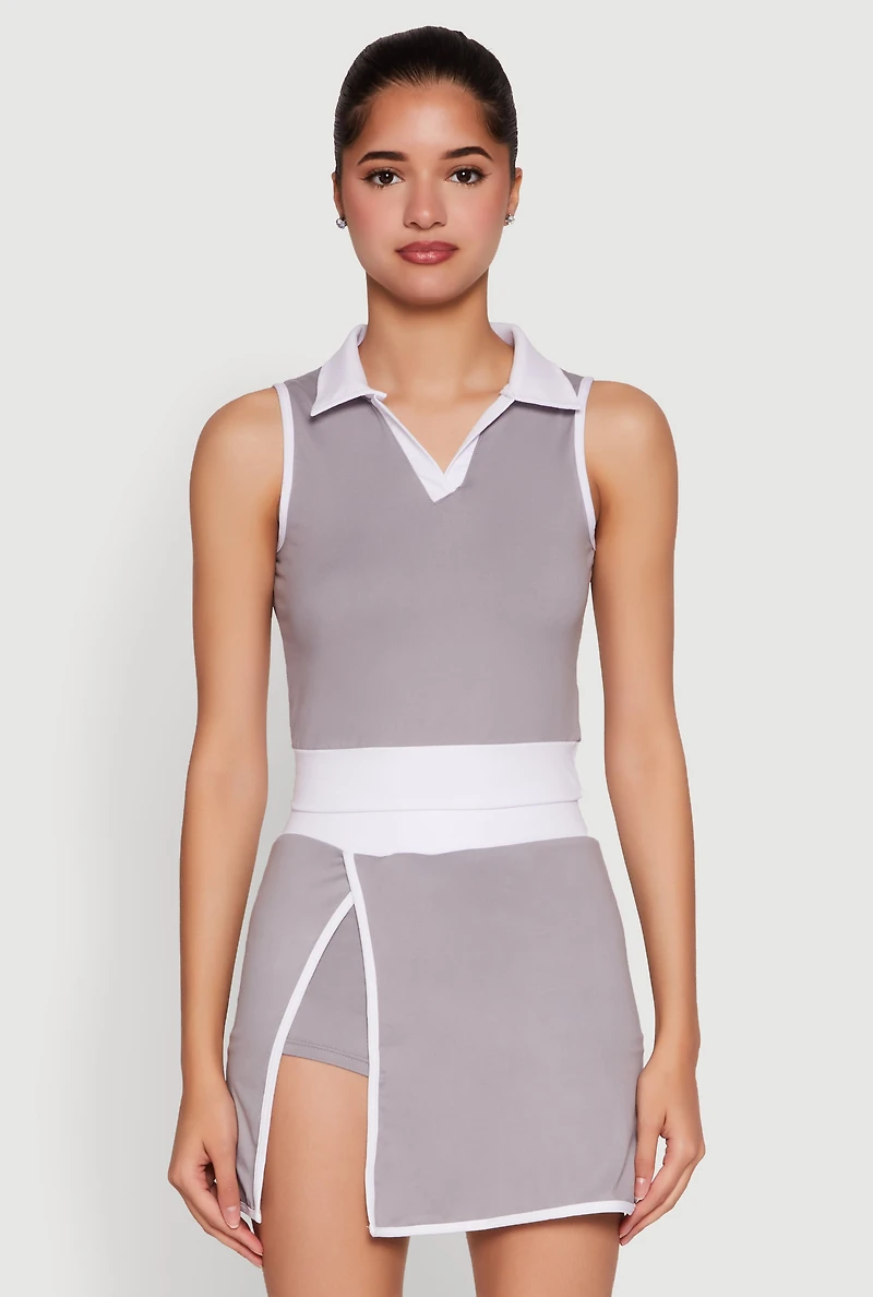 Womens Contrast Trim Sleeveless Polo Shirt, Grey, Size L