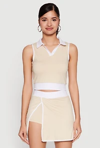 Womens Contrast Trim Sleeveless Polo Shirt, Beige, Size M