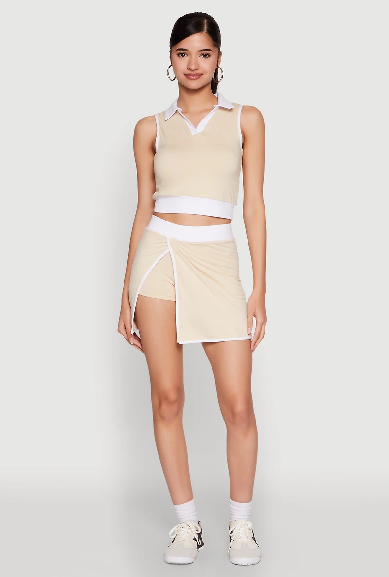 Womens Contrast Trim Sleeveless Polo Shirt, Beige, Size M