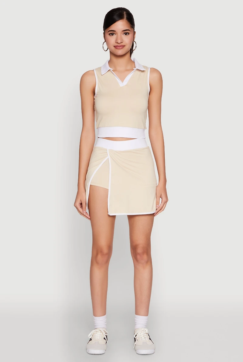 Womens Contrast Trim Sleeveless Polo Shirt, Beige, Size M