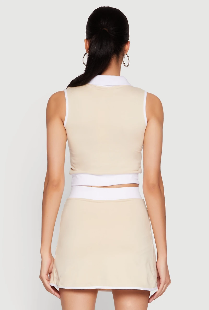 Womens Contrast Trim Sleeveless Polo Shirt, Beige, Size M