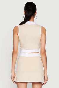 Womens Contrast Trim Sleeveless Polo Shirt, Beige, Size M